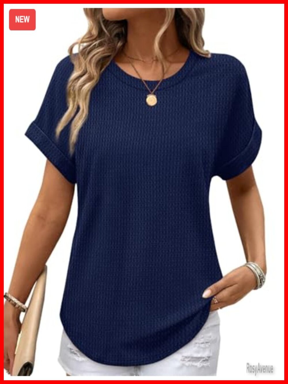 Waffle Knit Short Sleeve Top Women Rolled Sleeve Curved Hem Casual Tunic Tee